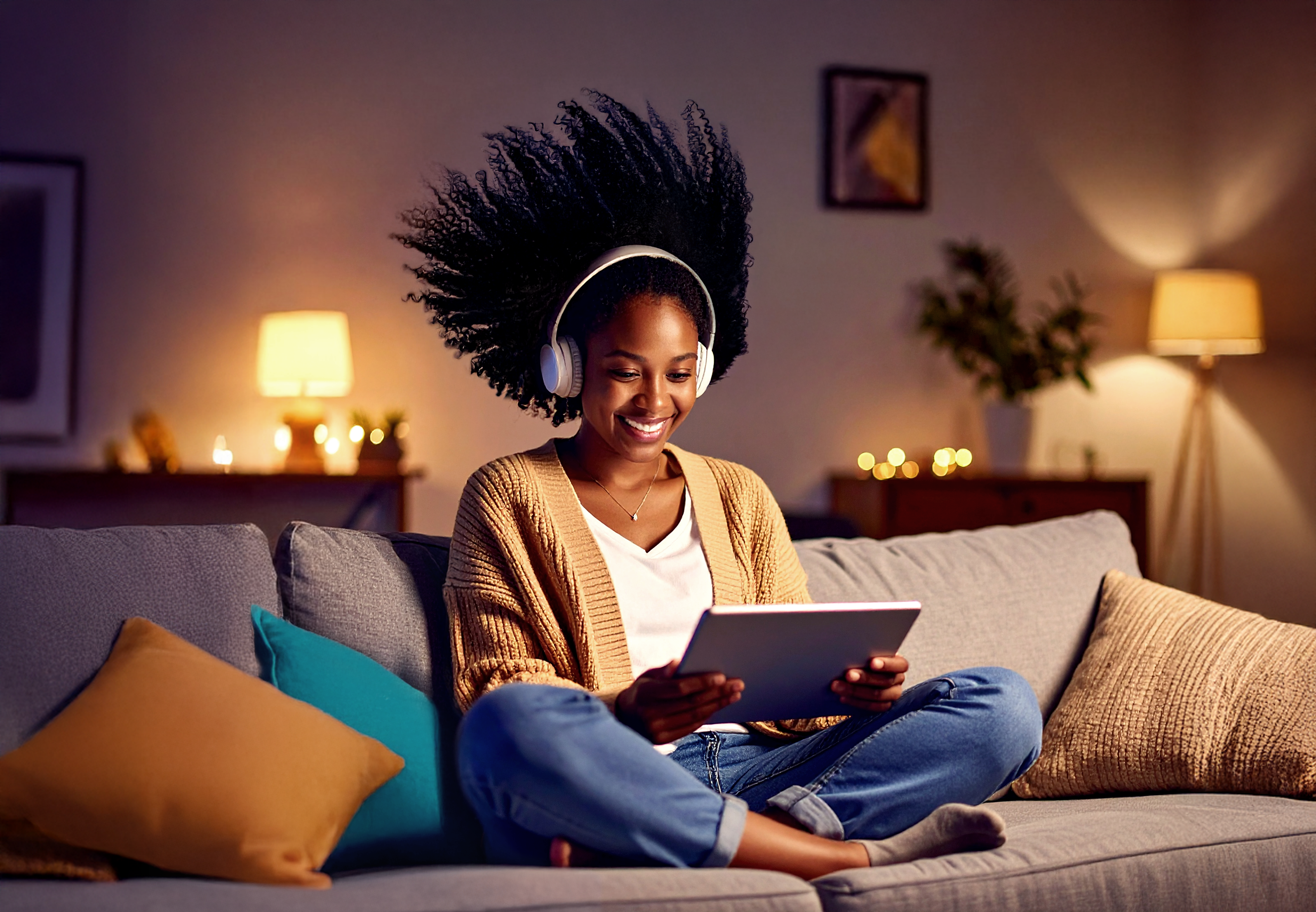 Woman relaxing at home enjoying expanded WiFi coverage
